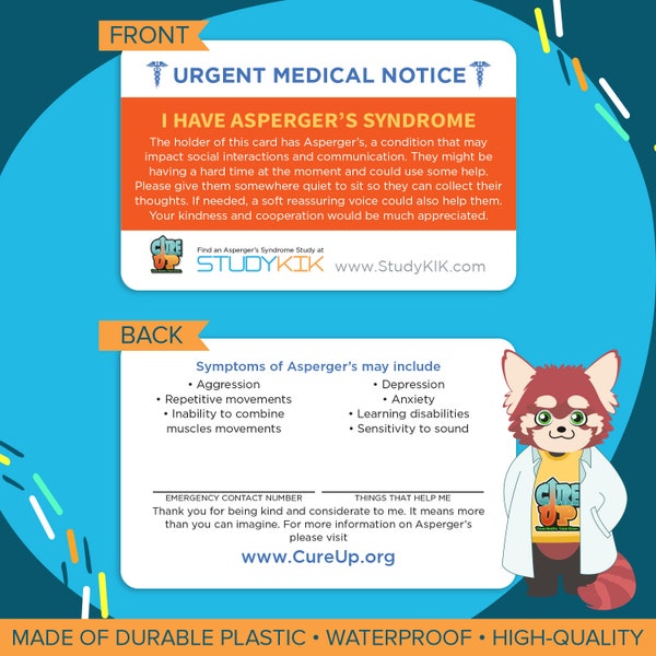 Asperger's Syndrome Card, Asperger's Syndrome Emergency Card, Asperger's Syndrome Medical Card, Asperger's Syndrome Alert Card