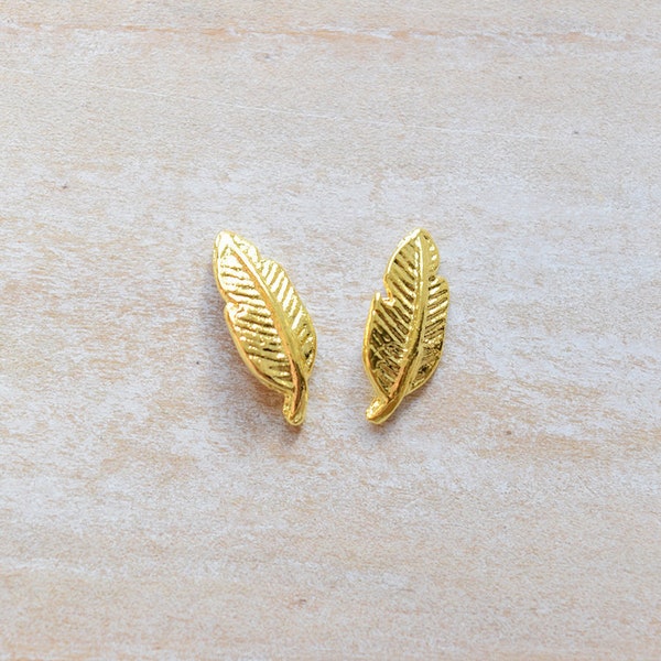 Gold Tone Feather Metal Glamour Dainty Stud or Clip On Earrings by BIODEMIA