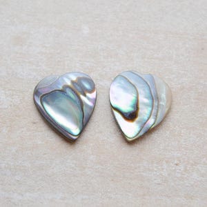 May include: Two iridescent heart-shaped abalone shells with a pearlescent sheen. The shells display a range of colors, including blues, greens, and purples, and are set against a neutral background.
