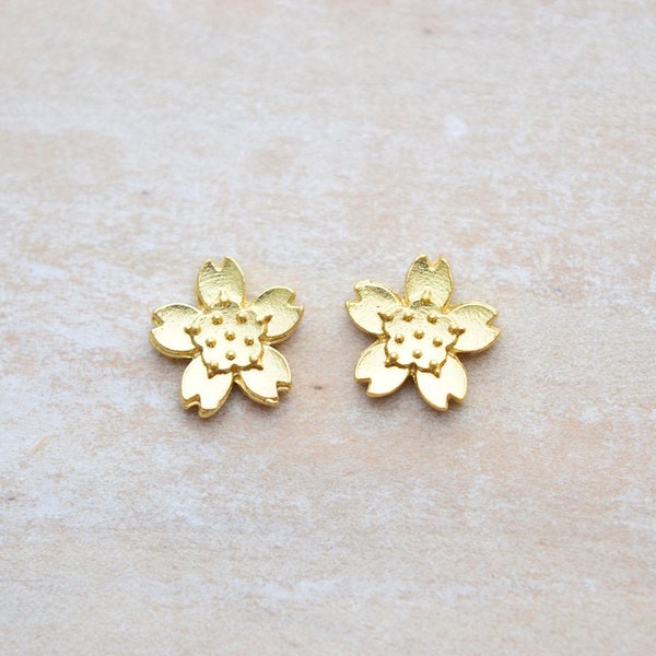 Dainty Cherry Blossom Bronze Gold Tone Metal Flower Stud or Clip On Earrings by BIODEMIA