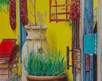 A colorful, Southwestern print of a Tucson, Arizona Barrio patio