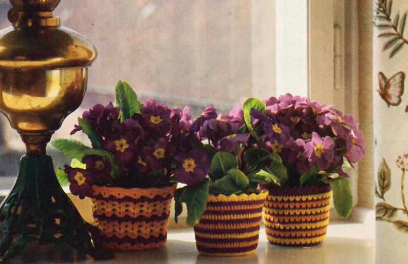 Puede incluir: Tres macetas de crochet de color morado y amarillo con flores moradas en su interior. Las macetas est&aacute;n colocadas en un alf&eacute;izar de ventana.