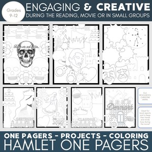 May include: Black and white coloring pages featuring characters and symbols from the play Hamlet. The pages include images of a skull, a crown, a castle, a heart, a dagger, and a play mask. The text "Hamlet One Pagers" is at the bottom of the page.