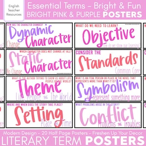 Déco rose pour la classe : affiches de termes littéraires, réponse de lecture, mur de mots, tableau d&#39;affichage, décoration de professeur, décoration de professeur d&#39;anglais et posters