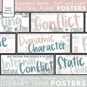 Può includere: Venti poster di colore neutro con illustrazioni di piante e termini letterari. I poster presentano termini come "Setting", "Conflict", "Dynamic Character", "Internal Conflict" e "Static Character".