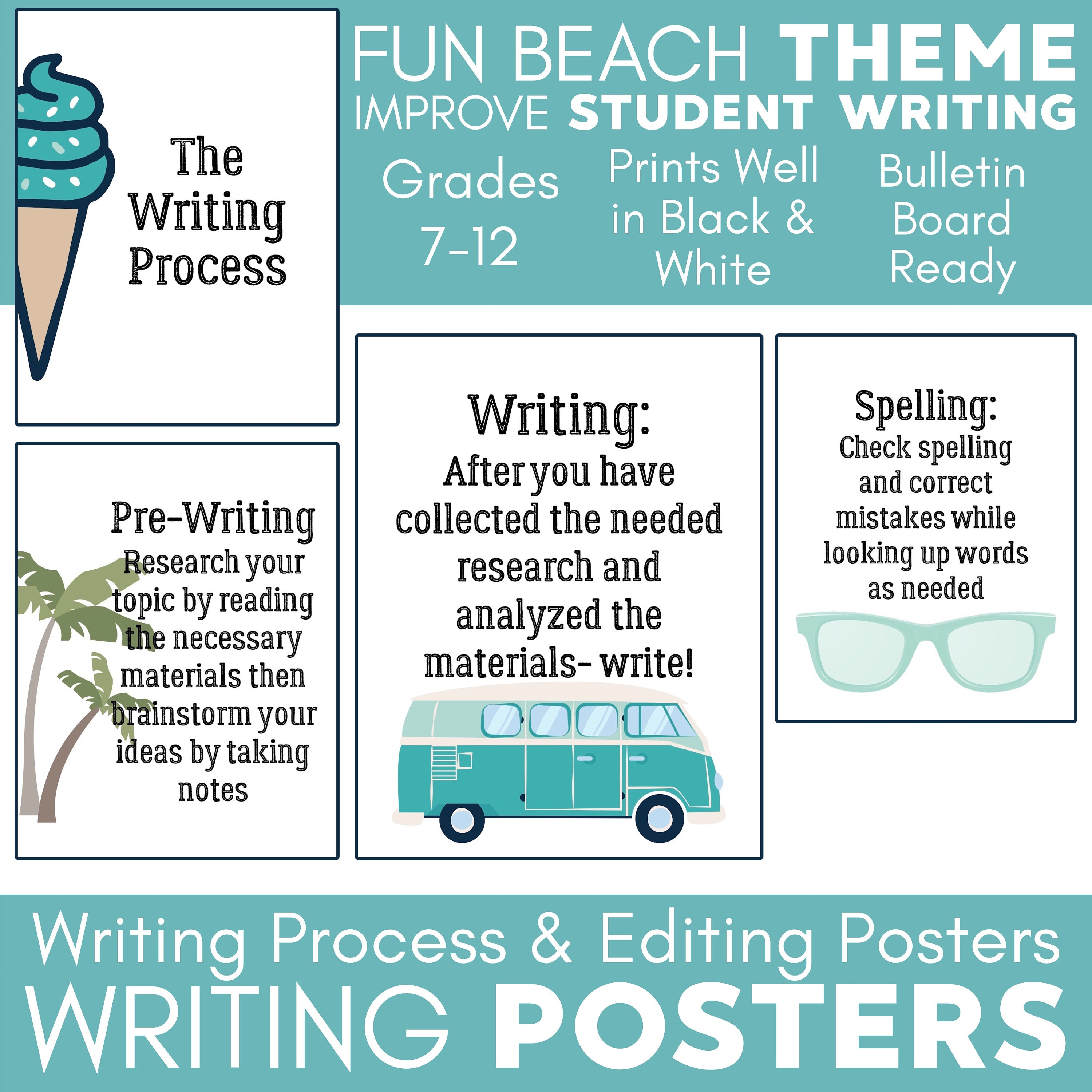 Beach Writing Process Posters Bulletin Board, Banner, Classroom Decor