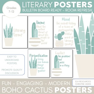 BOHO Cactus Literary Terms Posters: Bulletin Board, Banner, English Teacher Resource, ELA Classroom Decor, Printable, Literary Devices