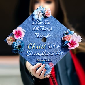 I can do all things through Christ｜Designer Graduation Caps Topper-Graduation Cap Decoration-Class of 2024-College Graduation Gifts-Blue