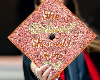 Rhinestones Graduation Cap Topper, Grad Cap Decorations, Bedazzled Grad Cap Topper, She Believed She Could So She Did