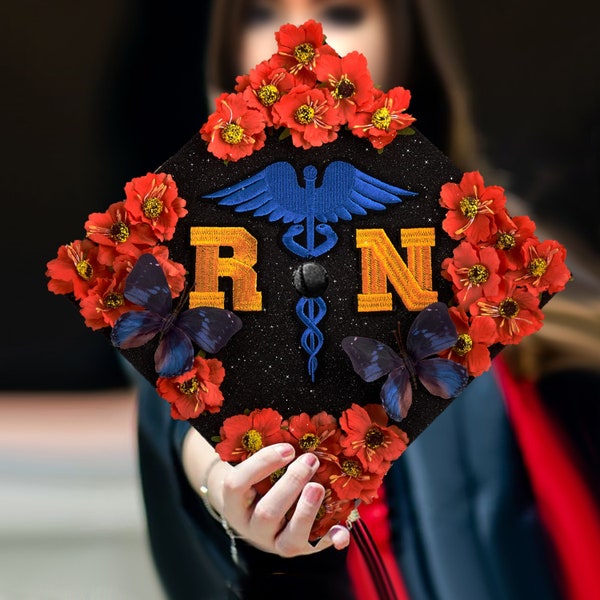 RN｜Designer Graduation Caps Topper-Nurses Graduation Caps-Graduation Cap Decoration-Grad Caps with Flowers-Nurses grad cap