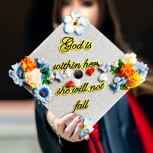 God is Within Her She Will Not Fall｜Designer Graduation Cap Topper-Graduation Cap Decoration-Class of 2024-College Graduation Gifts-Silver
