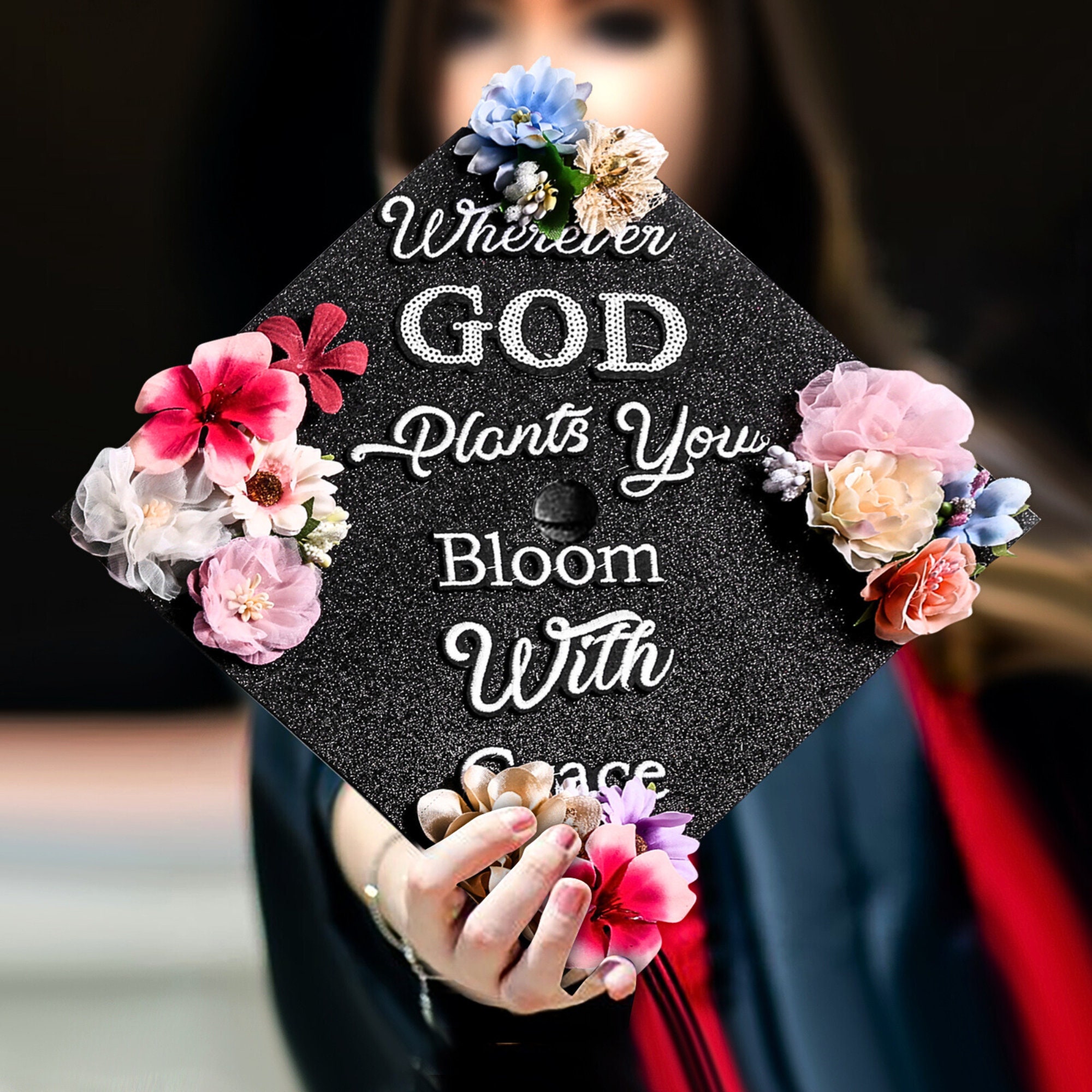 Knitgrip 31 Pcs DIY Graduation Cap Decorations Accessory Kit Include Faux Flower Heads Graduation Quotes Glitter Stickers 3D Butterfly