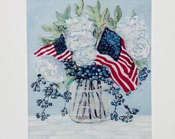 May include: A painting of a floral arrangement in a glass jar, featuring white flowers, blue berries, and two American flags. The background is a light blue, with a white surface below the jar.