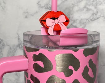3D Printed red Lips with a bow Straw Topper, Coquette bow, Tumbler accessory, Straw Charm, Standard size, Stanley, girly, Valentine's