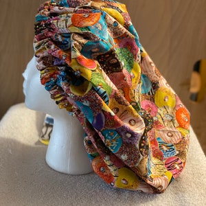 Custom made Donut Adult Bonnet, Satin Bonnet, Sleep Cap,  Satin Lined, Hair Bonnet, For all hair types, Wear to the store, Child