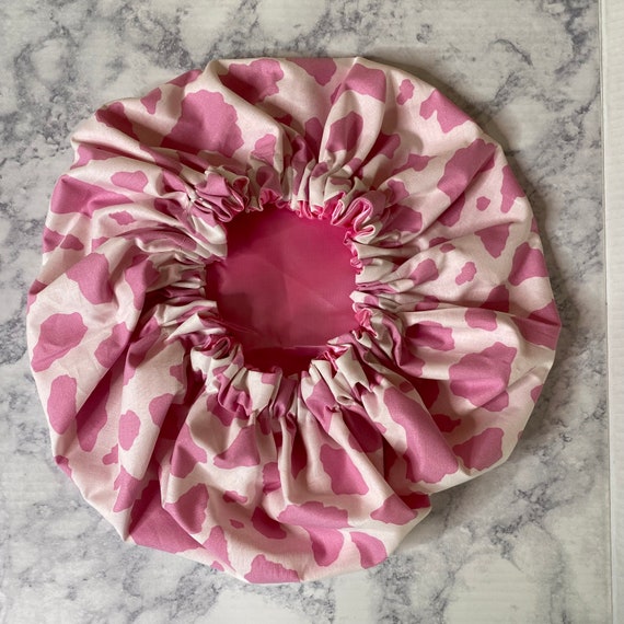 Fun Black and White Cow Bonnet w/ Pink Satin Lining Handmade Cow Bonnet: Faux Sherpa & Pink Satin Sleeping Hair  main image 3