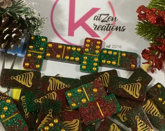 Custom Christmas Dominos, Holiday Dominos, Red glitter, Green Glitter, Christmas Theme, Red and Green, standard Set 28, Handmade, Gold Dot