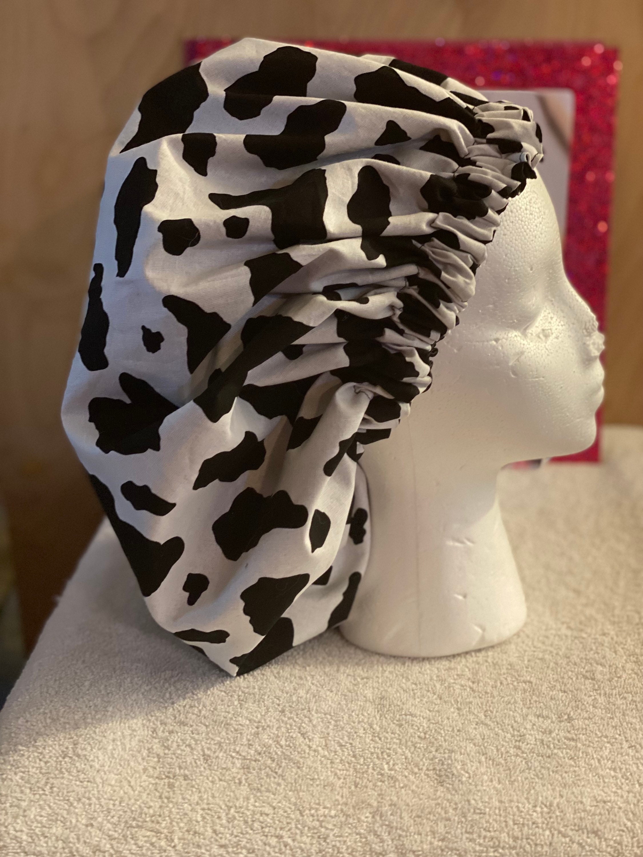 Custom Made Cow Print Adult Bonnet, Satin Bonnet, Sleep Cap, Satin 