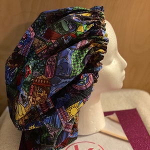 Custom made Stain  Beauty and the Glass Adult Bonnet, Satin Bonnet, Sleep Cap,Satin Lined, Hair Bonnet, For all hair types, Child sizes