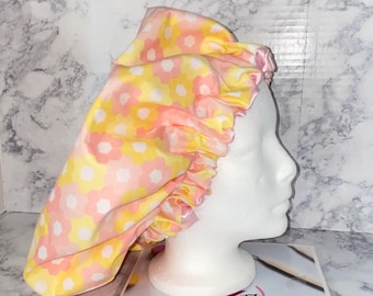 Custom made Flowers Adult Bonnet, Satin Bonnet, Sleep Cap,Satin Lined, Hair Bonnet, For all hair types, Child sizes, Pink, Yellow, Summer