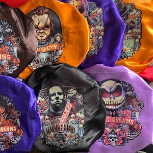 Size Large Custom made Halloween Horror Satin Adult Bonnet,Satin Bonnet, Sleep Cap,Satin Lined, Hair Bonnet, For all hair types.