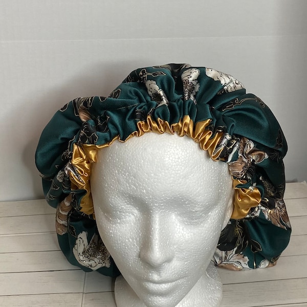 Custom made Green Floral/Gold Satin Adult Bonnet, Satin Bonnet, Sleep Cap,Satin Lined,Hair Bonnet,For all hair types, Child sizes,Reversible