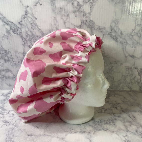 Fun Black and White Cow Bonnet w/ Pink Satin Lining Handmade Cow Bonnet: Faux Sherpa & Pink Satin Sleeping Hair  main image 2