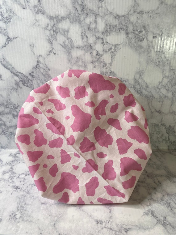 Fun Black and White Cow Bonnet w/ Pink Satin Lining Handmade Cow Bonnet: Faux Sherpa & Pink Satin Sleeping Hair  main image 4