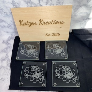 Engraved Set of 4 piece Bumble Bee Glass Coasters - Etched Coaster Gifts, Drink Coasters, Home Decor,  Drink Holder, Rubber Feet, Honey Comb