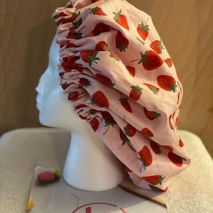 Custom made Strawberry Print Adult Bonnet, Satin Bonnet, Sleep Cap,Satin Lined, Hair Bonnet, For all hair types, Child sizes, Fruit Bonnet