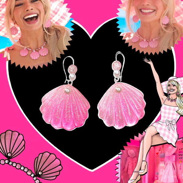 Margot Robbie Film Inspiré Poupée Rose Glitter Pearl Seashell Boucles d’oreilles | Réplique Barbiecore Sirène Cosplay