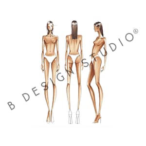 Female Croqui template coloured - front, side and back