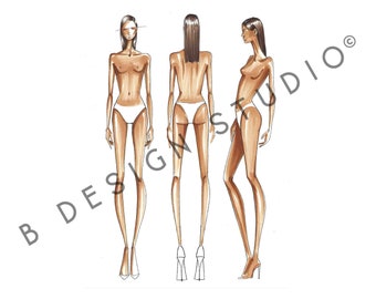 Modello Croqui femminile colorato - anteriore, laterale e posteriore