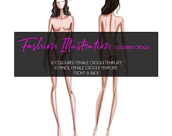 Plantilla de croquis a color para ilustración de moda (mujer, frente y espalda) / Procreate e imprimible