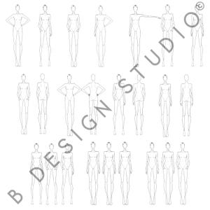 May include: A series of black and white fashion figure templates in diverse poses. These illustrations of the human form are suitable for fashion design and sketching. The image includes the text "B Design Studio".