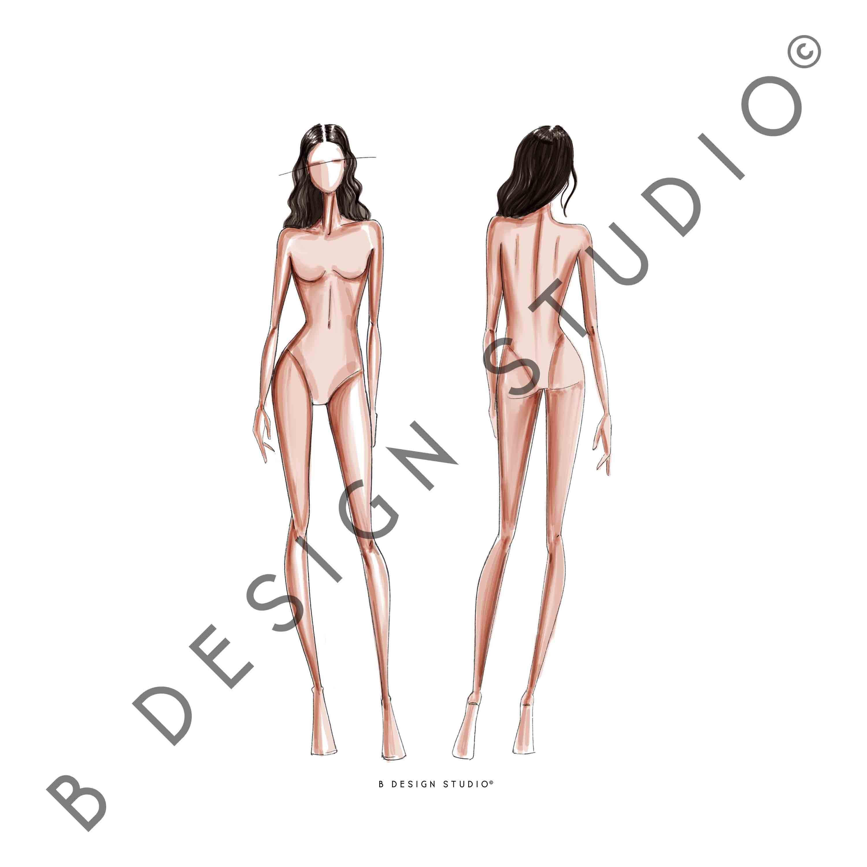 Fashion Illustration Coloured Croqui Template – Female Front & Back ...