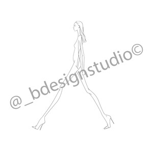 May include: Line drawing of a woman walking in a simple pose. The woman is wearing high heels and has long hair.