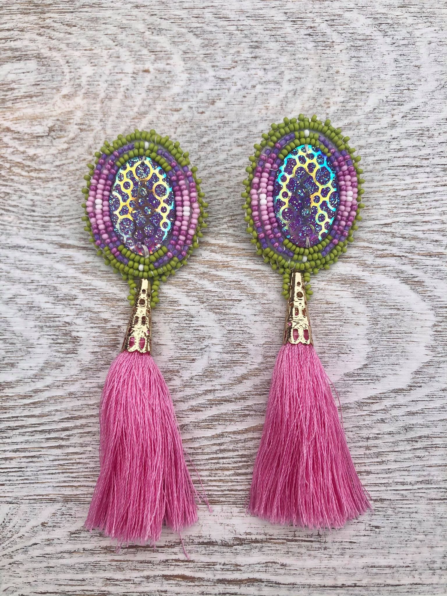 Pink/purple/green Tassel Earrings Etsy UK