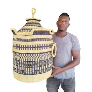 AFRICAN LAUNDRY BASKET With Lid, African Woven Basket, Blanket Basket, Tall Laundry Hamper,Storage Wicker Storage Basket Lid, Bolga Basket