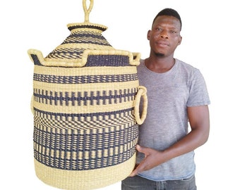 AFRICAN LAUNDRY BASKET With Lid, African Woven Basket, Blanket Basket, Tall Laundry Hamper,Storage Wicker Storage Basket Lid, Bolga Basket