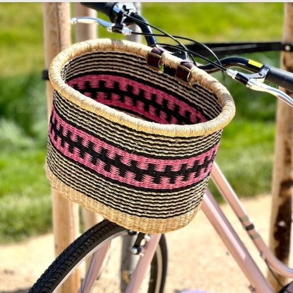 Handwoven Bicycle Basket, African Bolga Basket For Bike, 10th Anniversary Gift For Her, Holiday Gift Basket - Inspired Bicycle accessories
