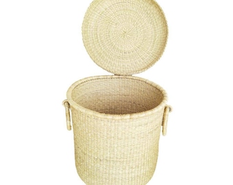 AFRICAN LAUNDRY BASKET With Lid, African Woven Basket, Blanket Basket, Tall Laundry Hamper,Storage Wicker Storage Basket Lid, Bolga Basket