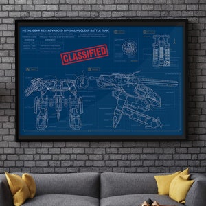 May include: A blueprint style poster of a Metal Gear Rex, a large bipedal nuclear battle tank. The poster is framed in black and has a red stamp that says "CLASSIFIED".