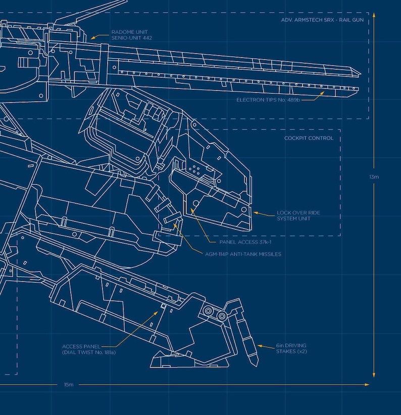 May include: A detailed blueprint of a large, futuristic robot with various labeled components, including a cockpit, a rail gun, and anti-tank missiles. The robot is 15 meters long and 13 meters tall.