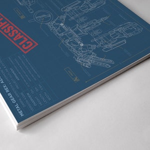 May include: A blueprint style illustration of a large, advanced, bipedal nuclear battle tank called "Metal Gear Rex". The illustration is on a blue background with yellow lines and text. The text includes "Metal Gear Rex: Advanced Bipedal Nuclear Battle Tank", "DARPA, ARMSTECH & LIVERMORE NATIONAL LABS", "VERSION 41248", "OVERVIEW", "PROJECT OUTLINE & EXTENDED DATA", "ARMAMENT", "HEIGHT 13m", "LENGTH 15m", "WIDTH 15m", "100 MA FREE ELECTRON LASER", "ADVATECHSEL GUN", "CLASSIFIED INFORMATION", "AUTHORIZED PERSONNEL ONLY", and "CLASSIFIED".