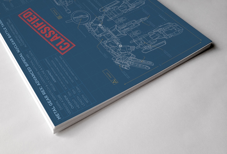 May include: A blueprint style illustration of a large, advanced, bipedal nuclear battle tank called "Metal Gear Rex". The illustration is on a blue background with yellow lines and text. The text includes "Metal Gear Rex: Advanced Bipedal Nuclear Battle Tank", "DARPA, ARMSTECH & LIVERMORE NATIONAL LABS", "VERSION 41248", "OVERVIEW", "PROJECT OUTLINE & EXTENDED DATA", "ARMAMENT", "HEIGHT 13m", "LENGTH 15m", "WIDTH 15m", "100 MA FREE ELECTRON LASER", "ADVATECHSEL GUN", "CLASSIFIED INFORMATION", "AUTHORIZED PERSONNEL ONLY", and "CLASSIFIED".