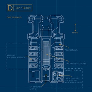 May include: A technical blueprint of a military vehicle's top section, labeled "TOP / BODY". The blueprint shows the vehicle's layout, including the engine, cooling system, access panel, and targeting unit for anti-tank missiles. The text "AGM-114P ANTI-TANK MISSILES" is visible on the blueprint.