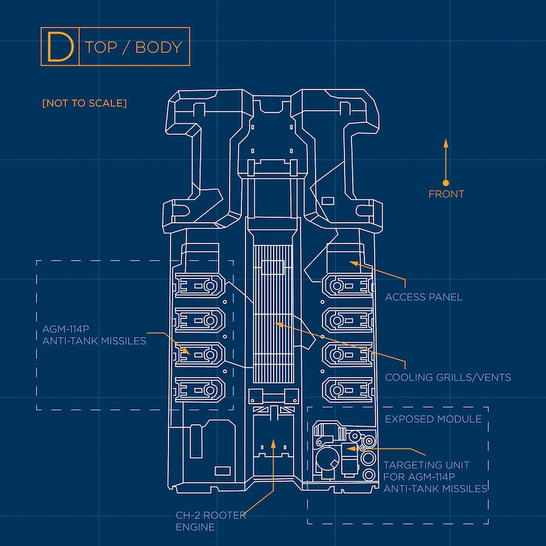 May include: A technical blueprint of a military vehicle's top section, labeled "TOP / BODY". The blueprint shows the vehicle's layout, including the engine, cooling system, access panel, and targeting unit for anti-tank missiles. The text "AGM-114P ANTI-TANK MISSILES" is visible on the blueprint.