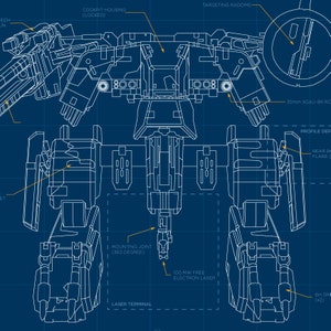 May include: A detailed blueprint of a futuristic robot with a targeting radome, cockpit housing, laser terminal, and mounting joint. The robot is drawn in white lines on a blue background.