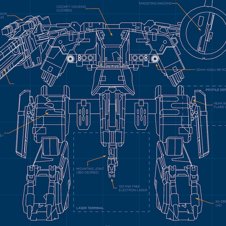 May include: A detailed blueprint of a futuristic robot with a targeting radome, cockpit housing, laser terminal, and mounting joint. The robot is drawn in white lines on a blue background.
